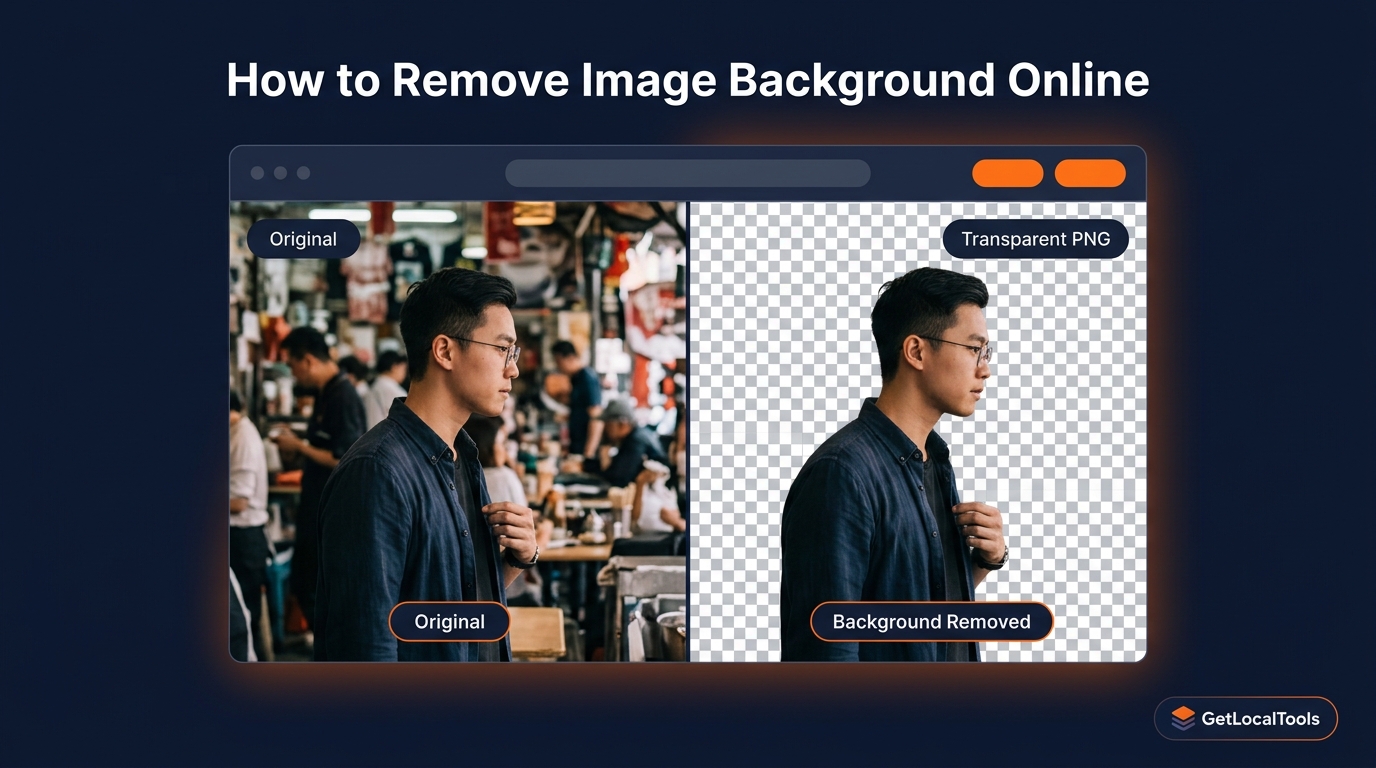 How to Remove Image Background Online — showing a photo before and after background removal with transparent PNG output