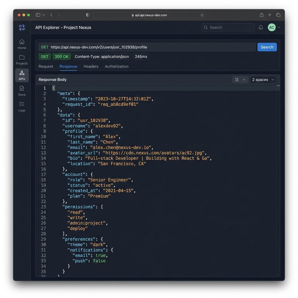 A mock developer UI dashboard showing a REST API JSON response rendered with premium indentation and syntax colors