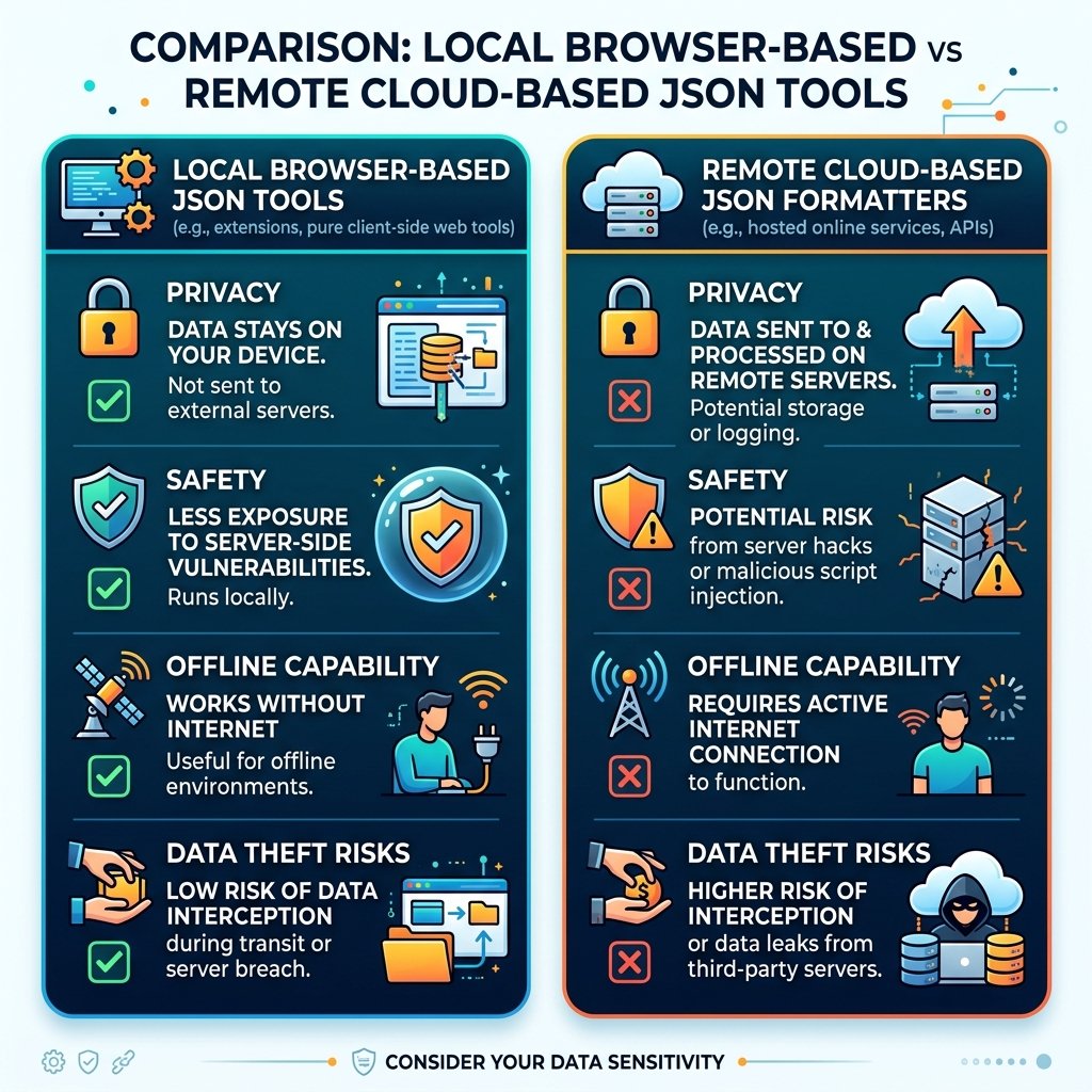 Infographic illustrating security advantages of offline browser-based formatting over cloud servers