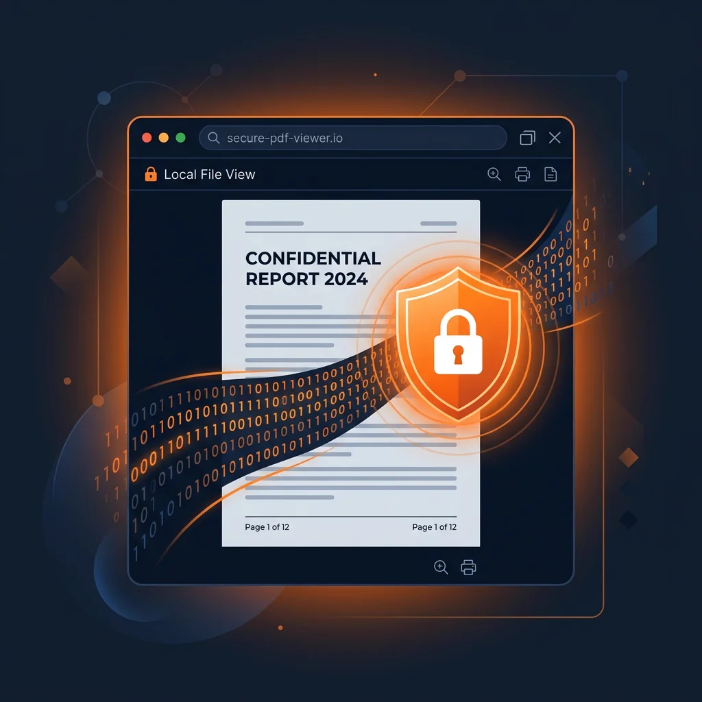 Secure local PDF compression layout showing browser tab sandboxed environment, security shield icon, and binary data streams.