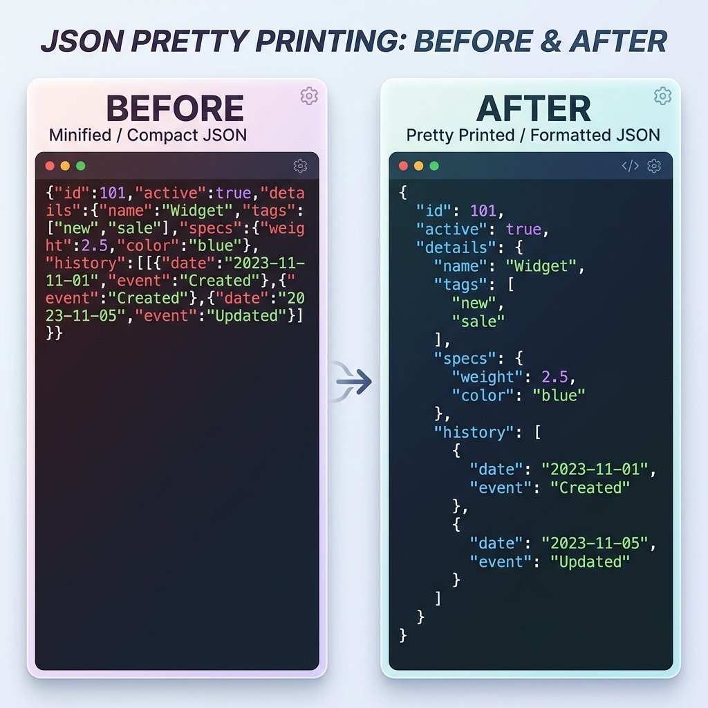 Infographic illustrating JSON before formatting (collapsed block) vs after formatting (indented hierarchy)