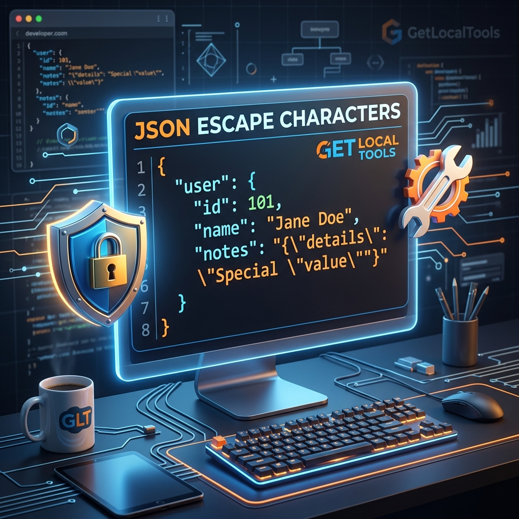 Developer screen representing JSON syntax, highlighting backslashes, quotes, and validation logic