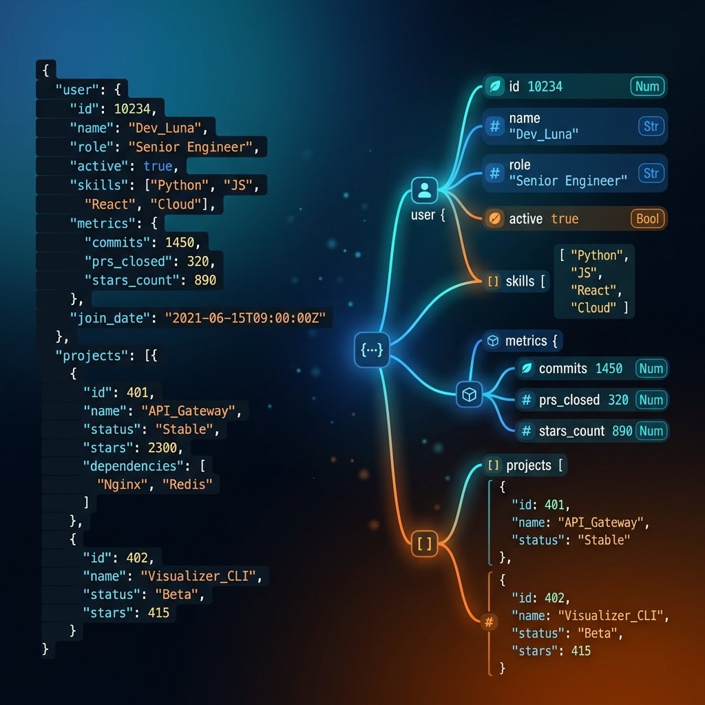 JSON Parser Hero Graphic: text converting to data tree structure