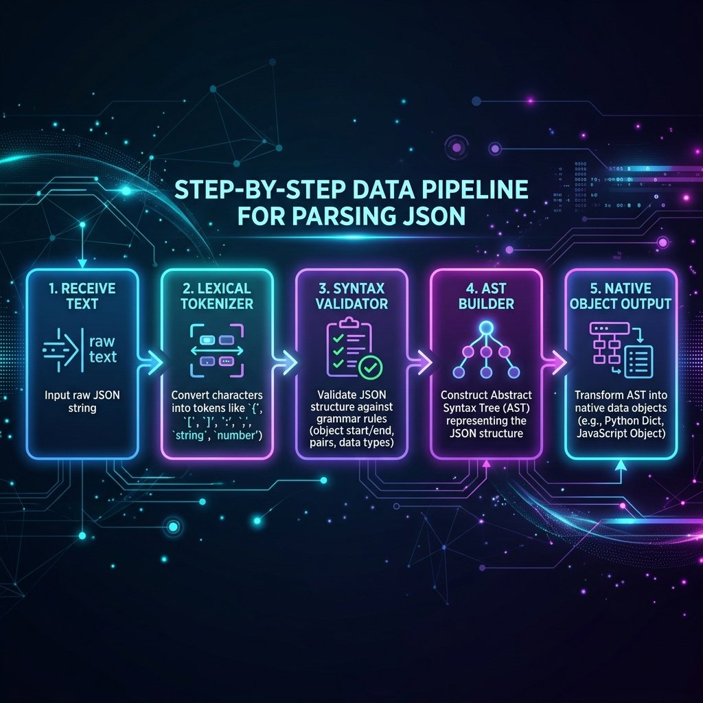 JSON Parsing Pipeline diagram: raw text to memory tree