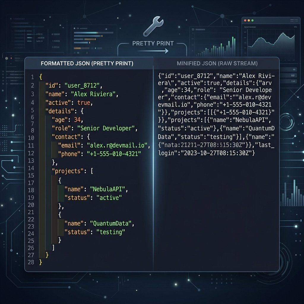 JSON Pretty Print representation showing messy raw code versus structured formatted code