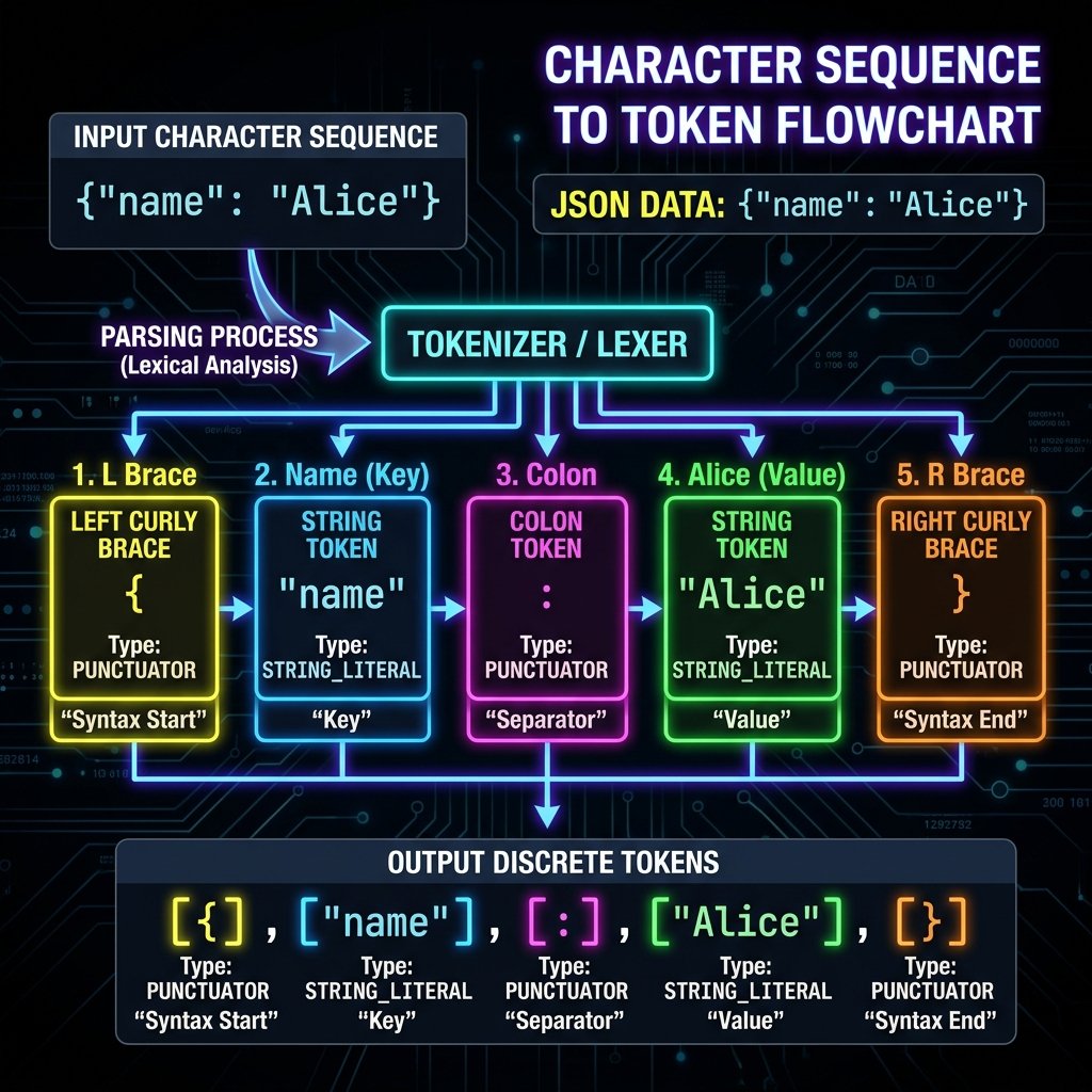 Lexical Analysis Flow: showing characters converted to token maps