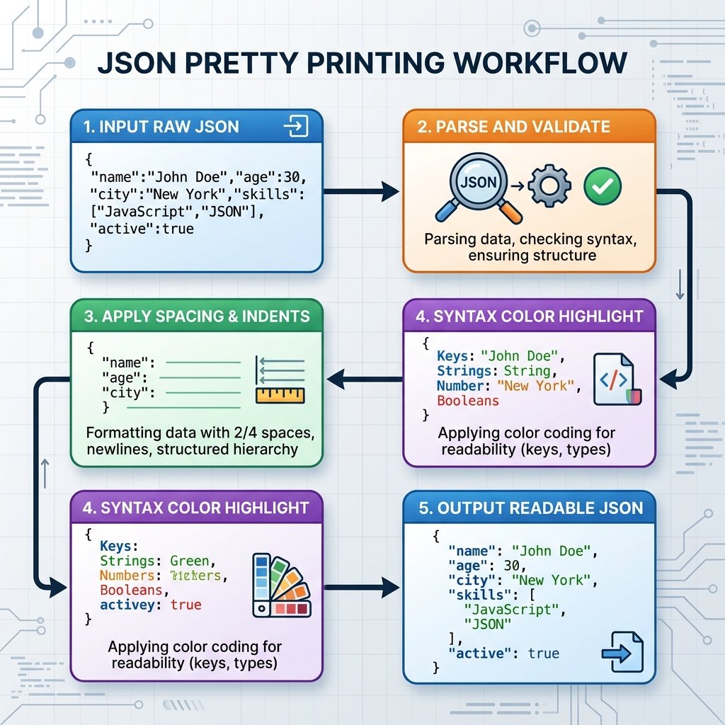 Workflow diagram showing the JSON formatting process: Raw input, lexing/parsing, Abstract Syntax Tree generation, applying styles, and outputting highlighted JSON